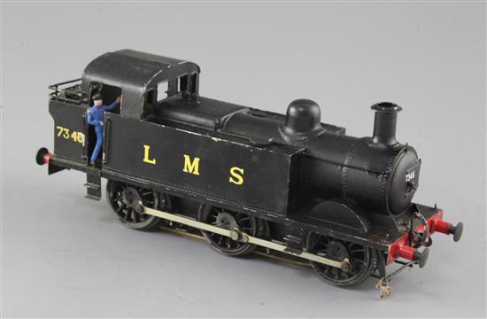 A scratch built 0-6-0 Jinty Class locomotive, Bonds motor, number 7346, LMS black livery, 3 rail with skate, overall 22cm